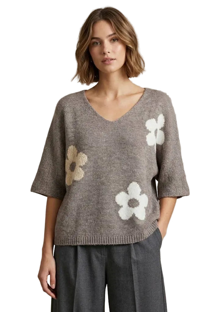 Flower Knit V Neck -Taupe