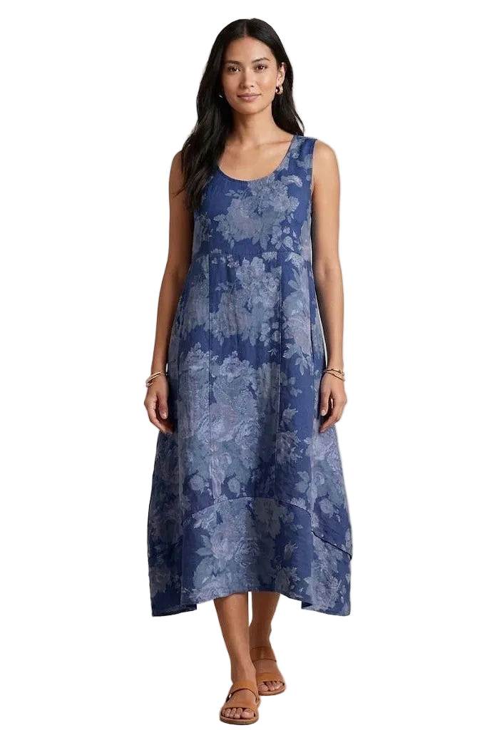 Linen Midi  Dress - Blue