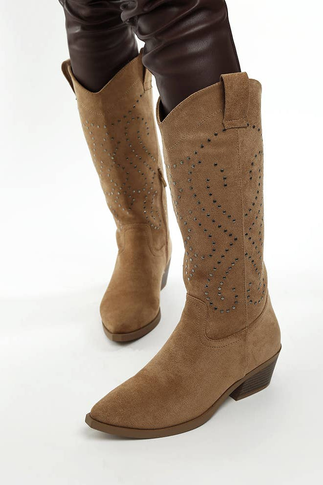 Lariat Embellished Cowboy Boots- Camel