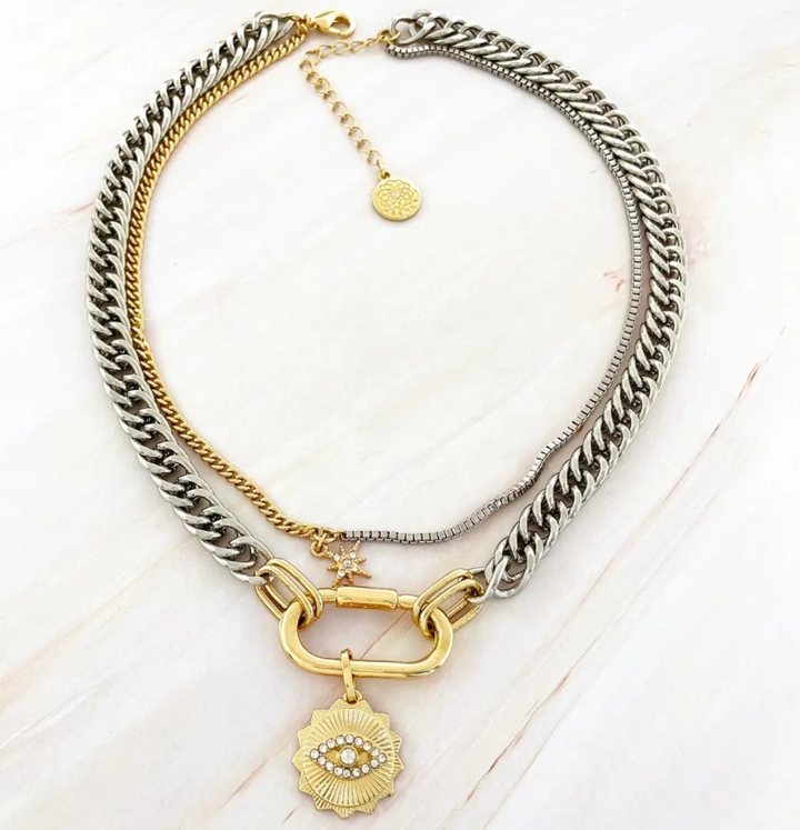 Carabiner + Evil Eye Charm Stainless Steel Necklace
