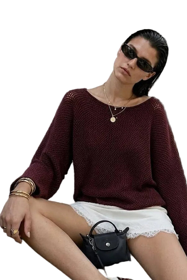 Open Knit Pullover: Merlot