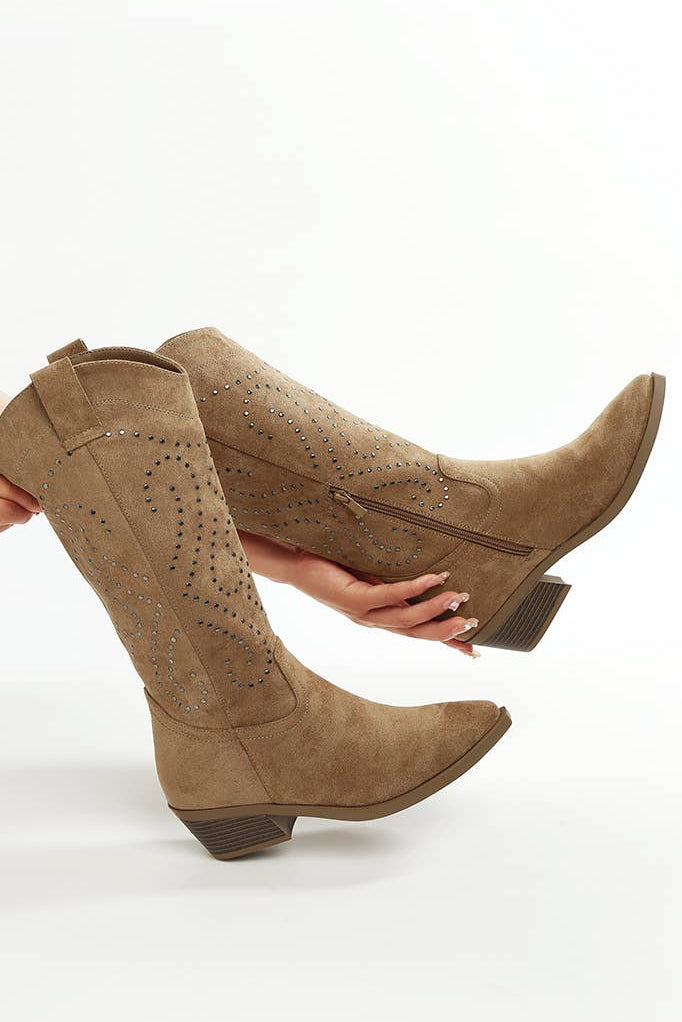 Lariat Embellished Cowboy Boots- Camel