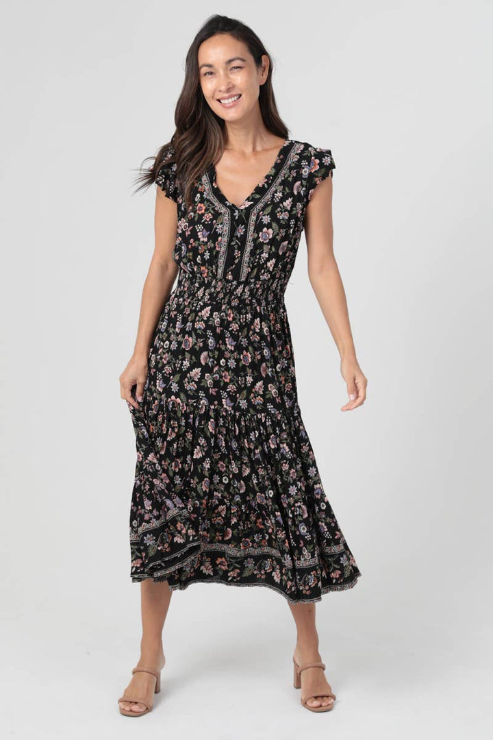 Spring Floral Midi Dress - Black