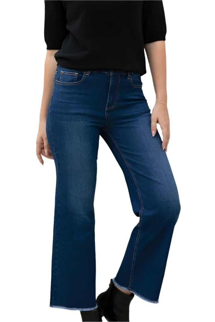 Wide Leg Jeans w/ Fringe - Dark Wash