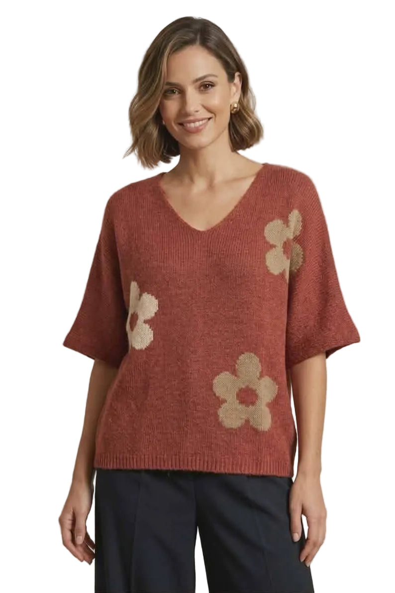Flower Knit V Neck - Rust
