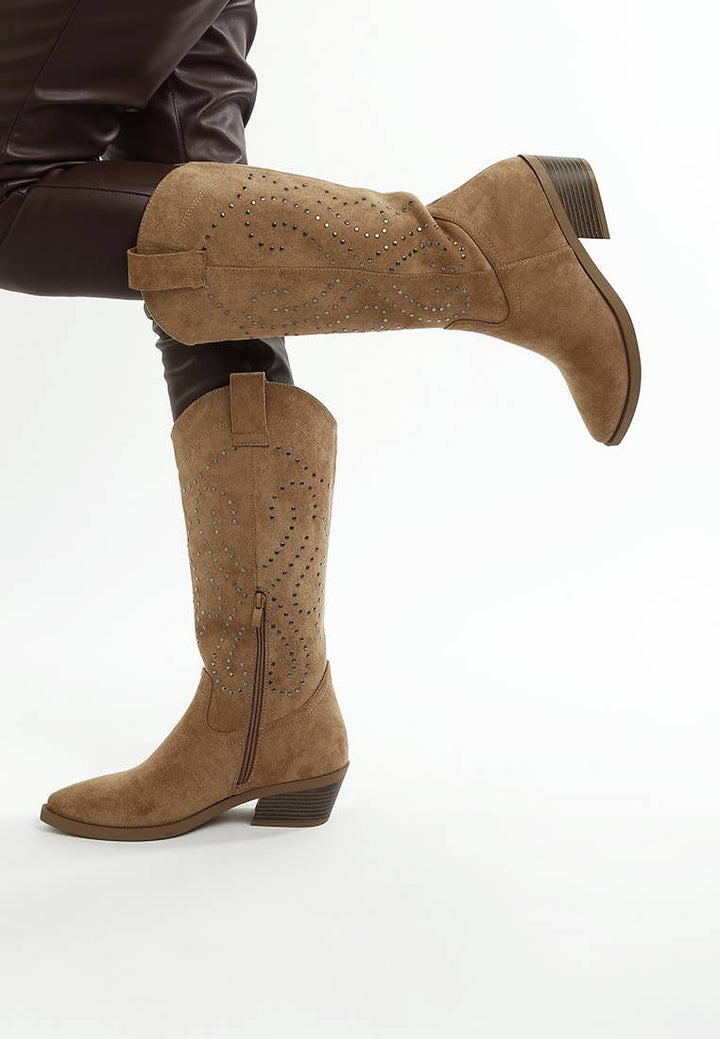 Lariat Embellished Cowboy Boots- Camel