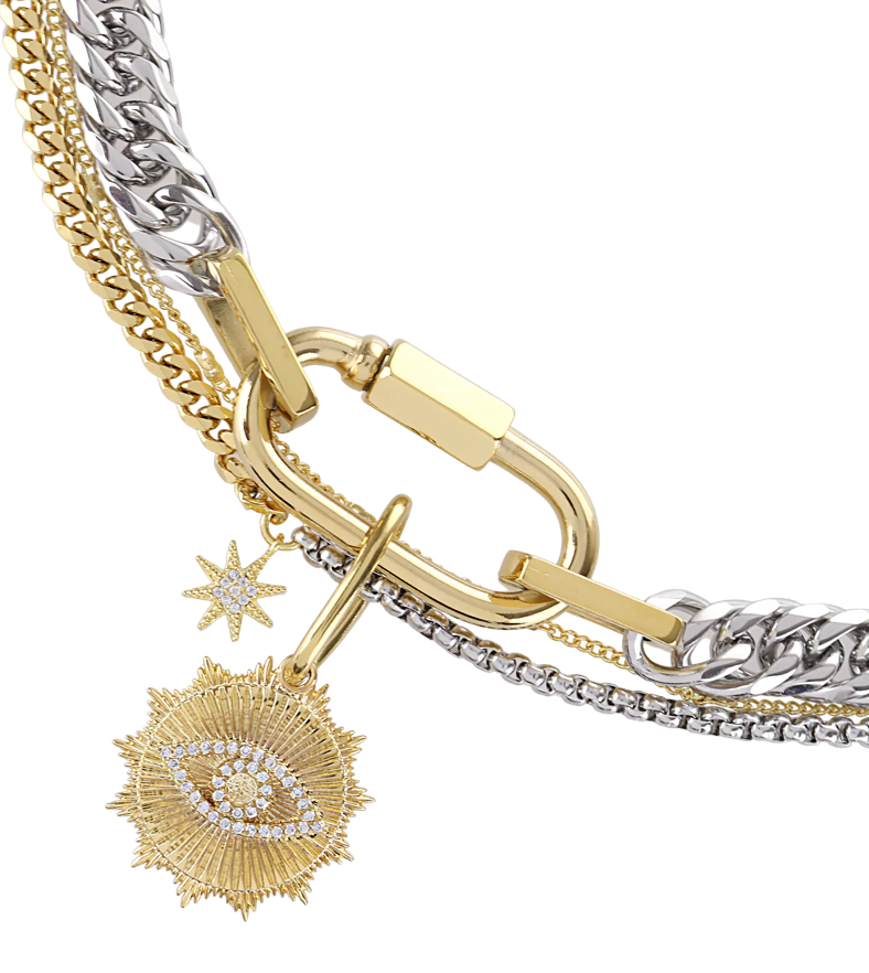 Carabiner + Evil Eye Charm Stainless Steel Necklace