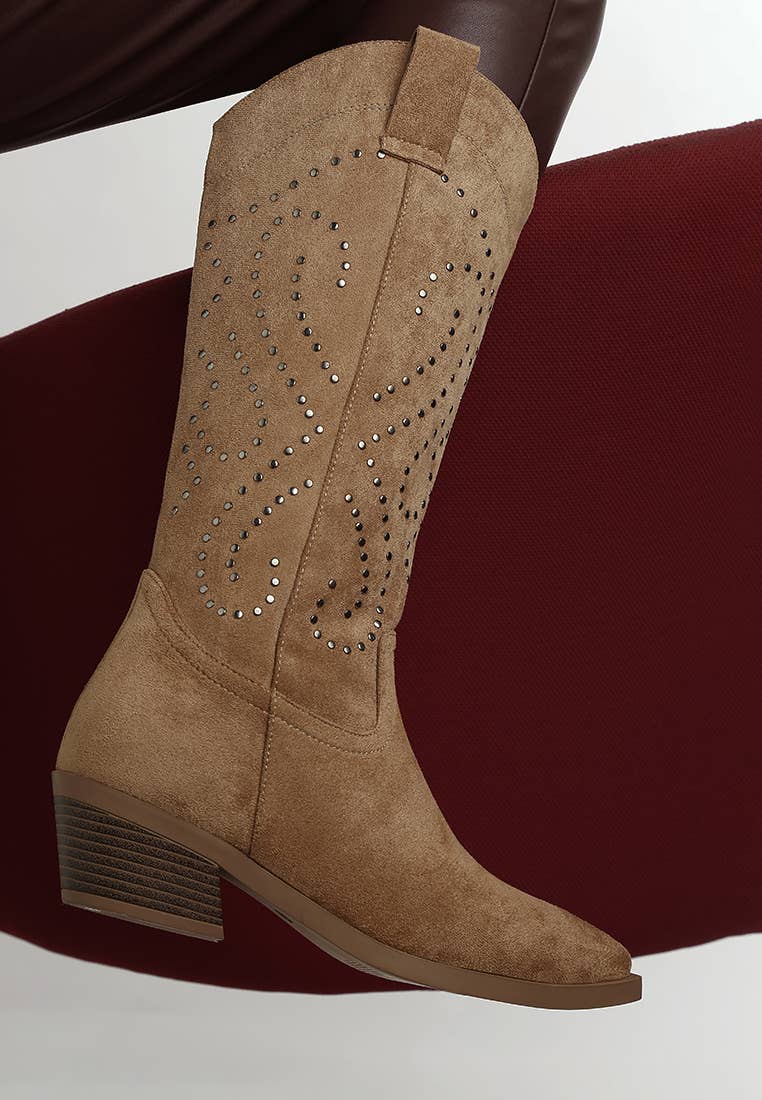 Lariat Embellished Cowboy Boots- Camel