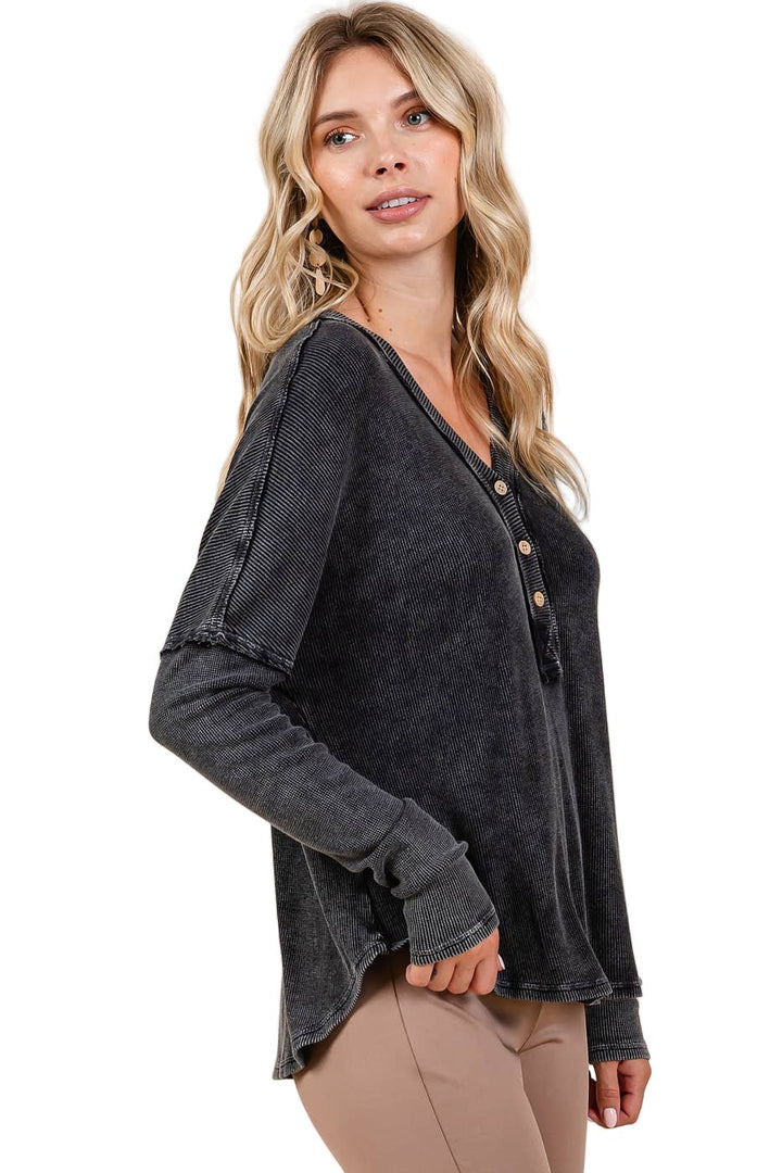 Mineral Wash Henley - Charcoal - The Daisy Chain