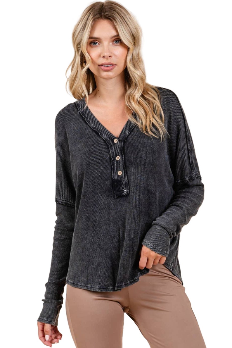 Mineral Wash Henley - Charcoal - The Daisy Chain