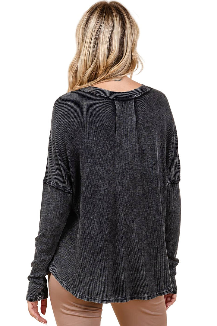 Mineral Wash Henley - Charcoal - The Daisy Chain