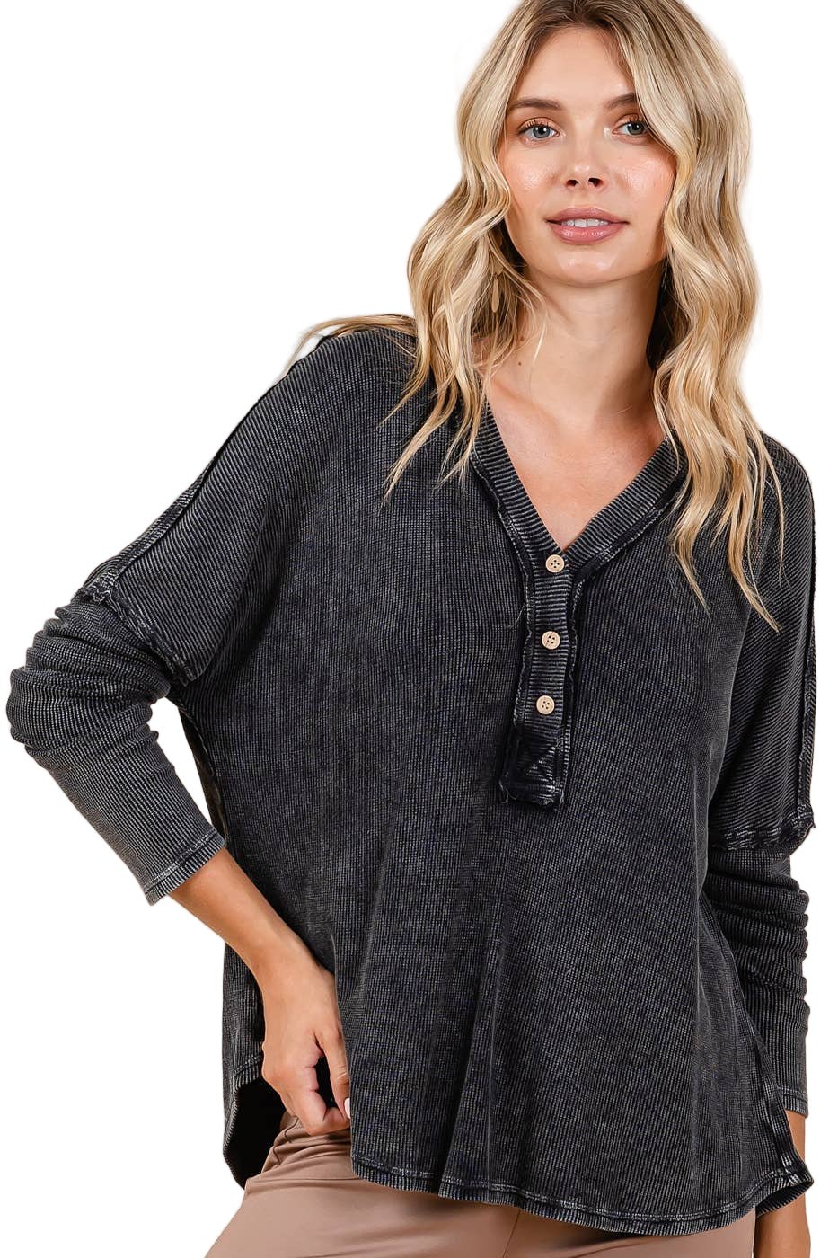 Mineral Wash Henley - Charcoal - The Daisy Chain