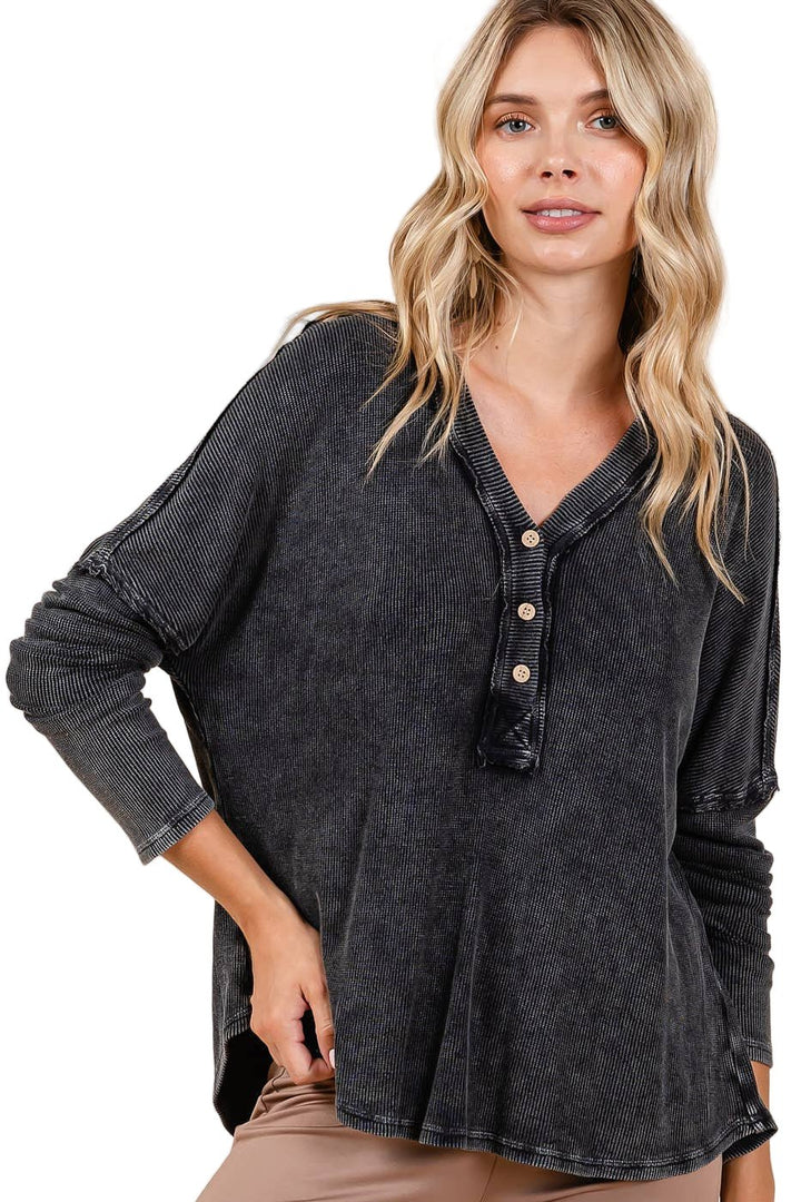 Mineral Wash Henley - Charcoal - The Daisy Chain