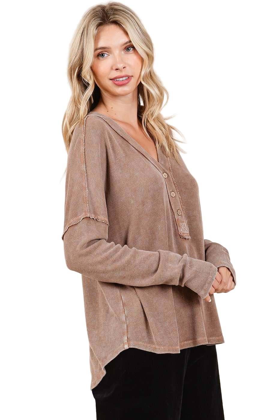 Mineral Wash Henley - Taupe - The Daisy Chain