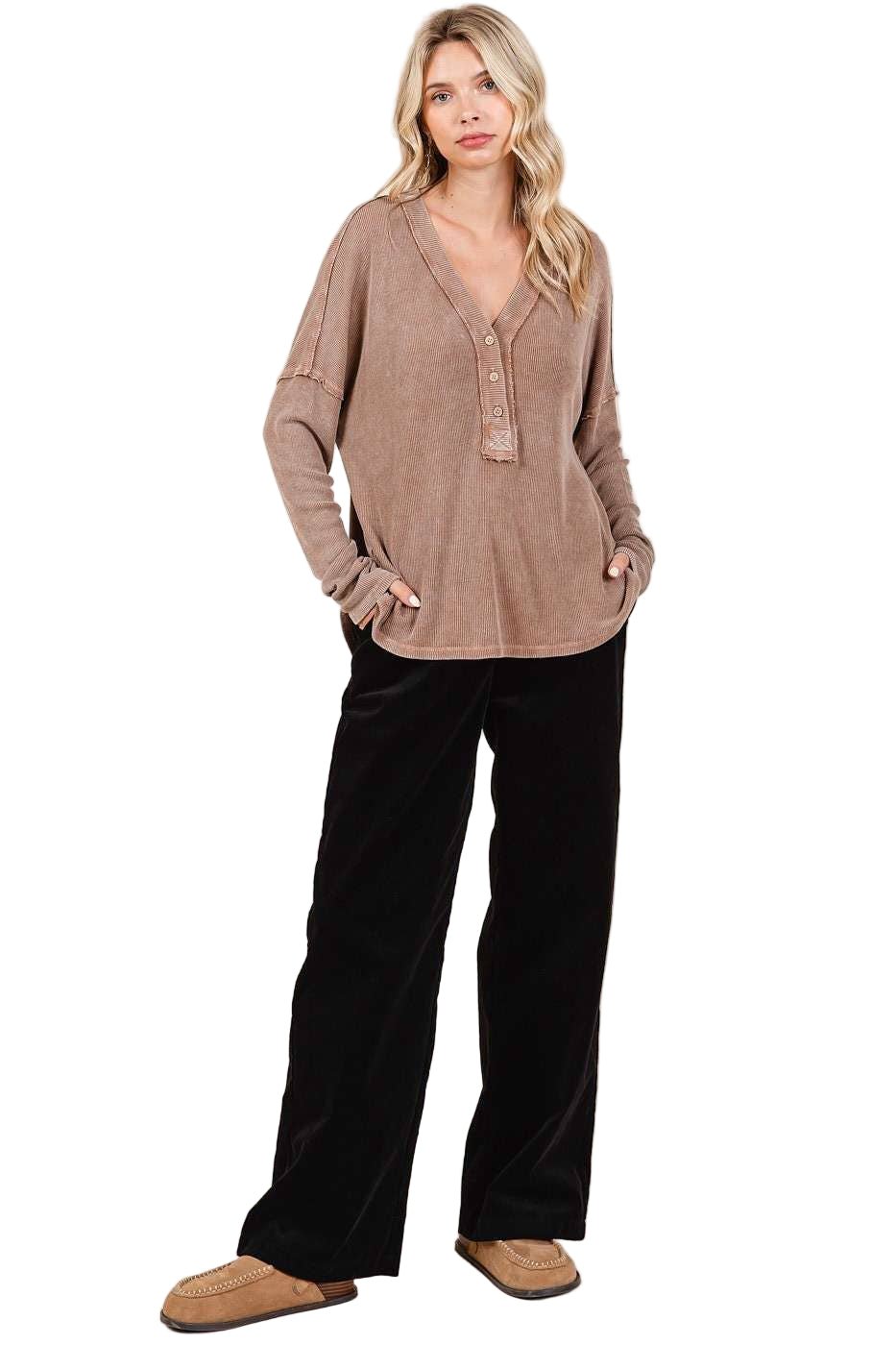 Mineral Wash Henley - Taupe - The Daisy Chain