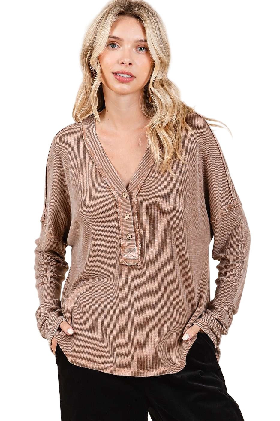 Mineral Wash Henley - Taupe - The Daisy Chain
