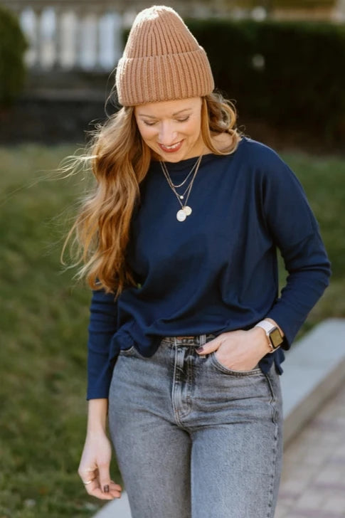 Natalie Ribbed Top- Navy