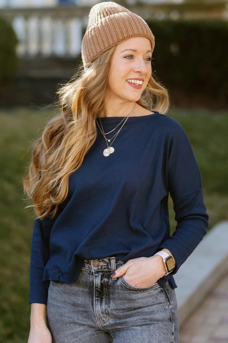 Natalie Ribbed Top- Navy