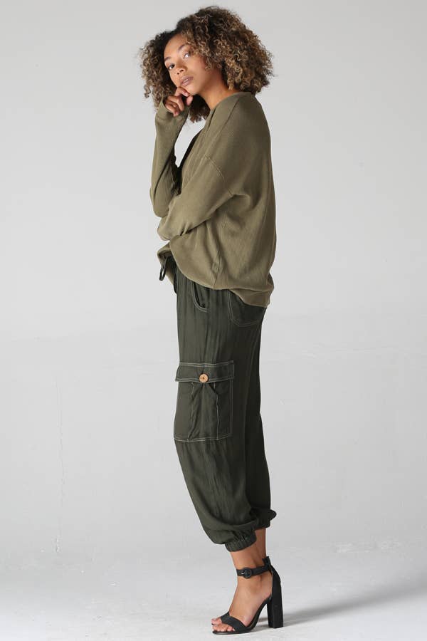 Silky Cargo Pants - Olive - The Daisy Chain