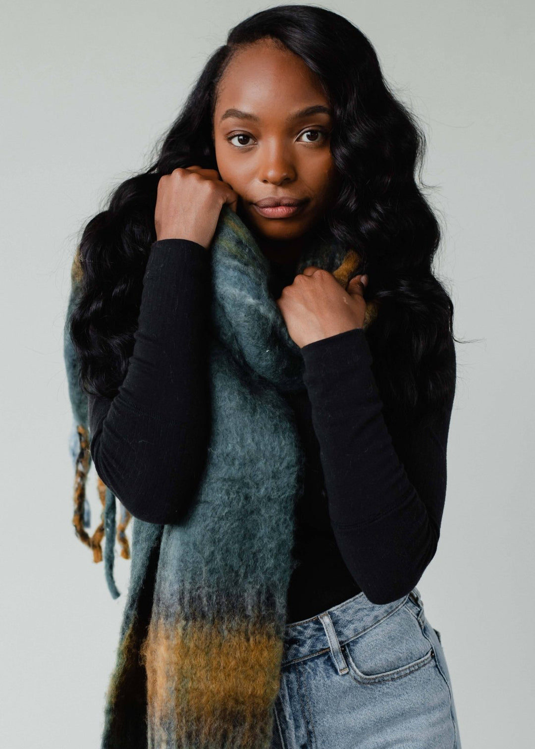 Teal & Mustard Plaid Long Scarf with Fringe - The Daisy Chain