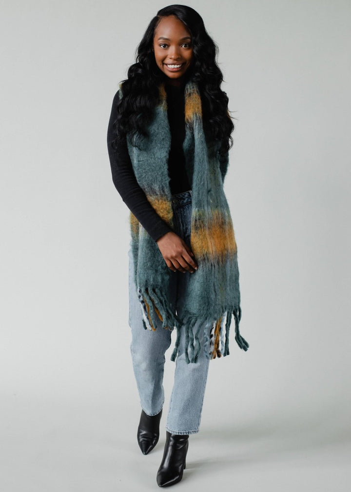 Teal & Mustard Plaid Long Scarf with Fringe - The Daisy Chain