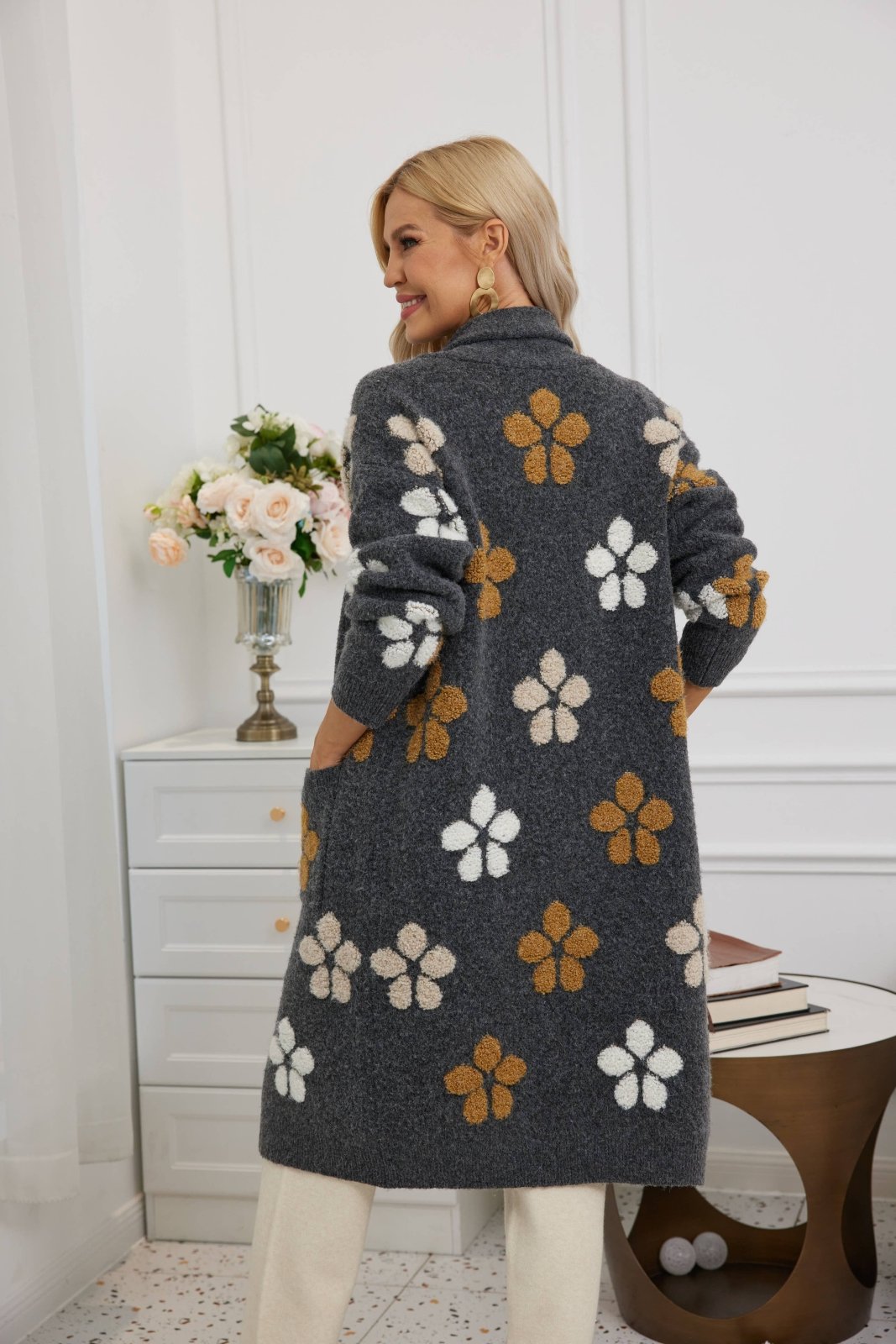 Tuffed Jacquard Cardigan: Charocal - The Daisy Chain